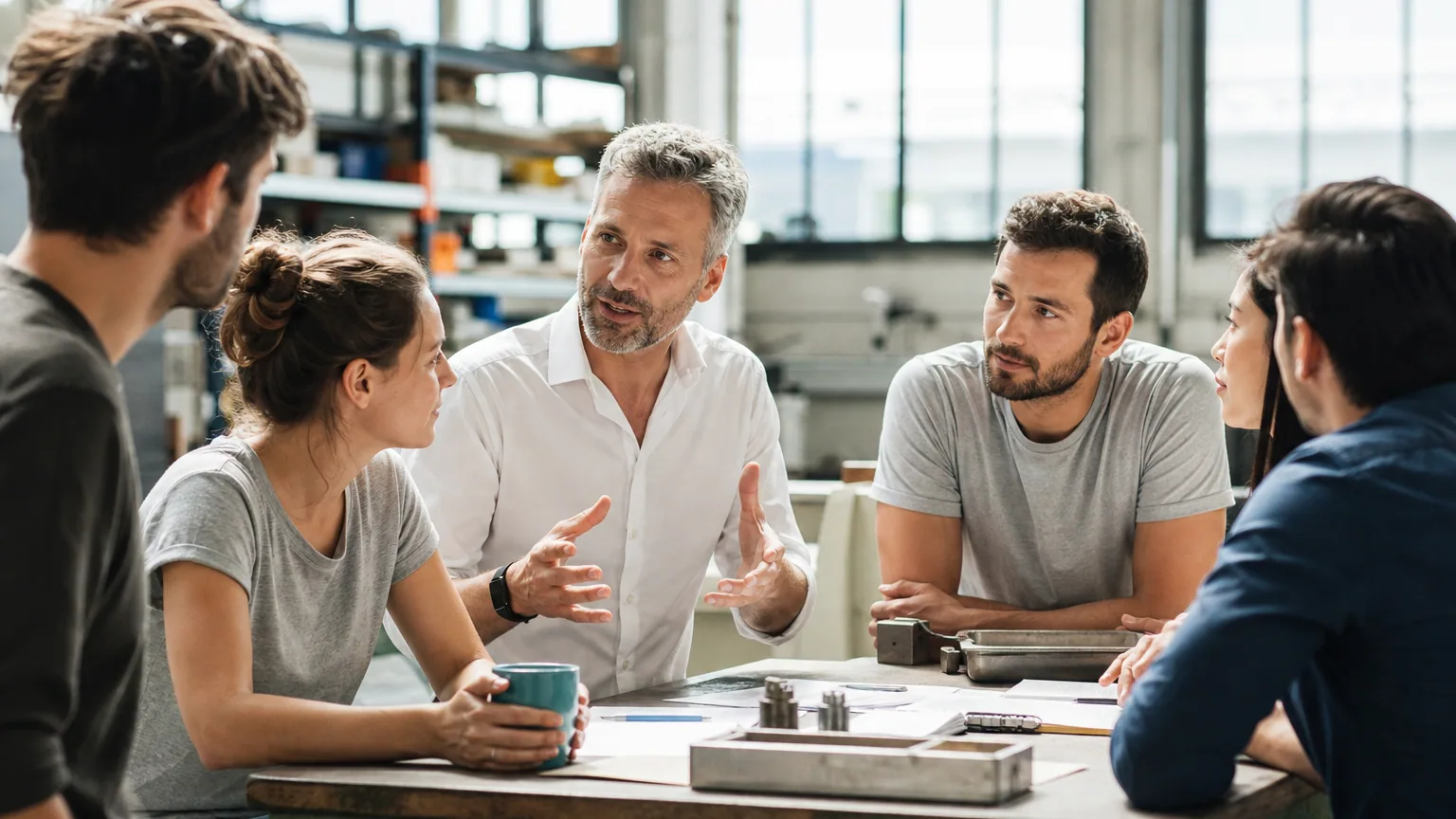 Dirigeant de PME expliquant à ses salariés le recours à l'activité partielle pendant une baisse d'activité