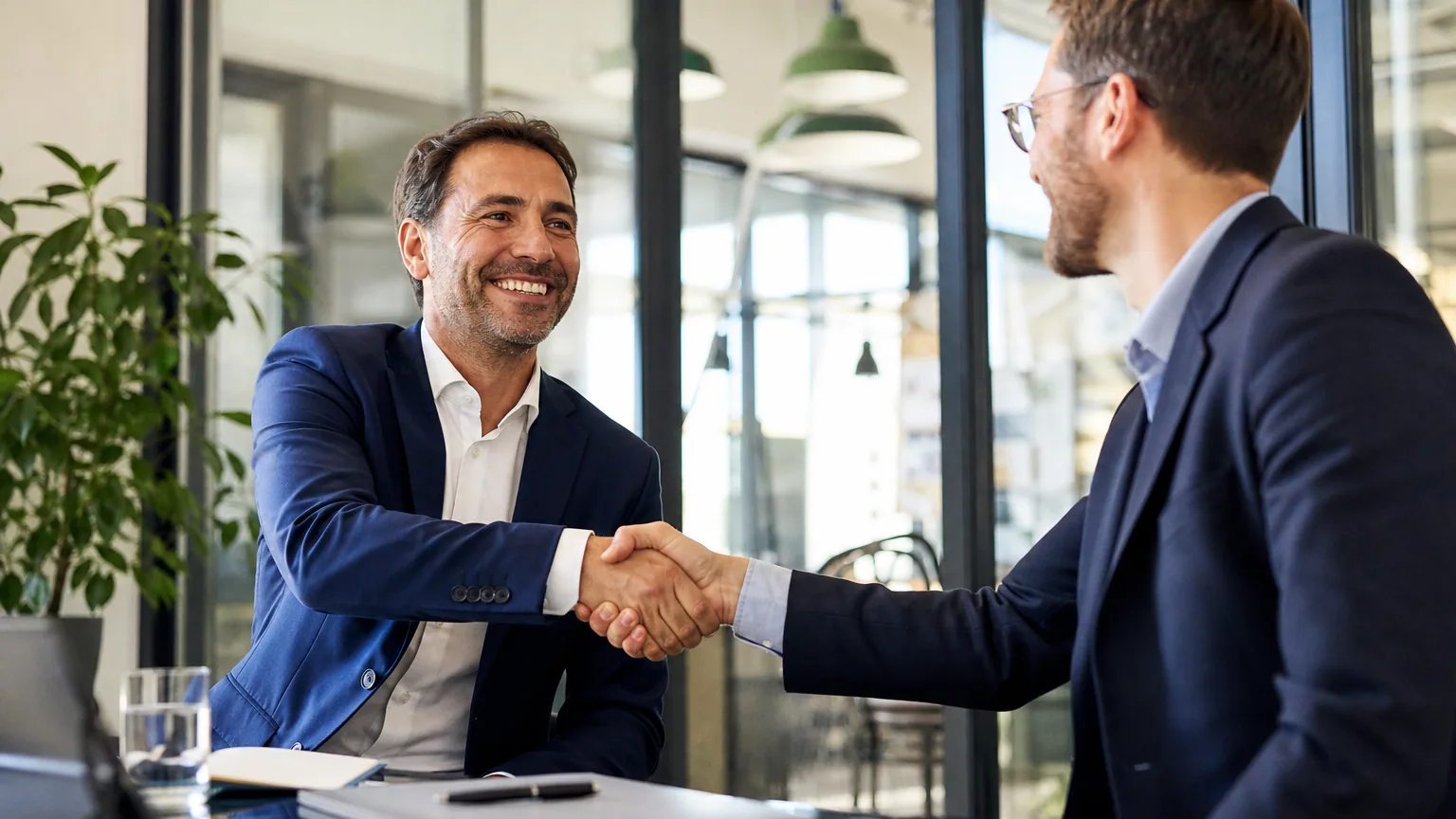 Dirigeant de PME fournisseur signant un accord d'affacturage inversé avec un grand donneur d'ordre