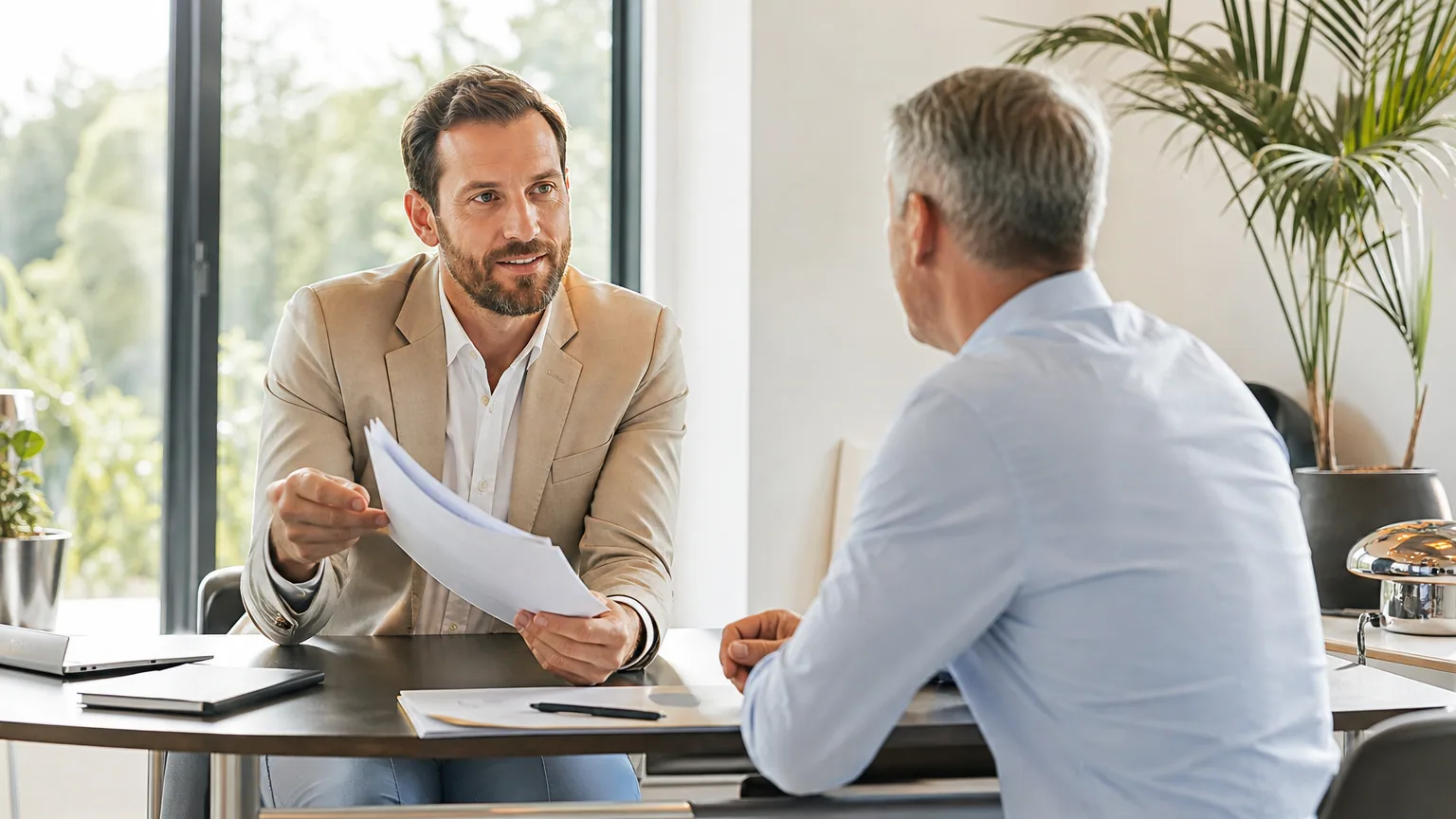 Agent commercial indépendant présentant un contrat de représentation à un dirigeant de PME