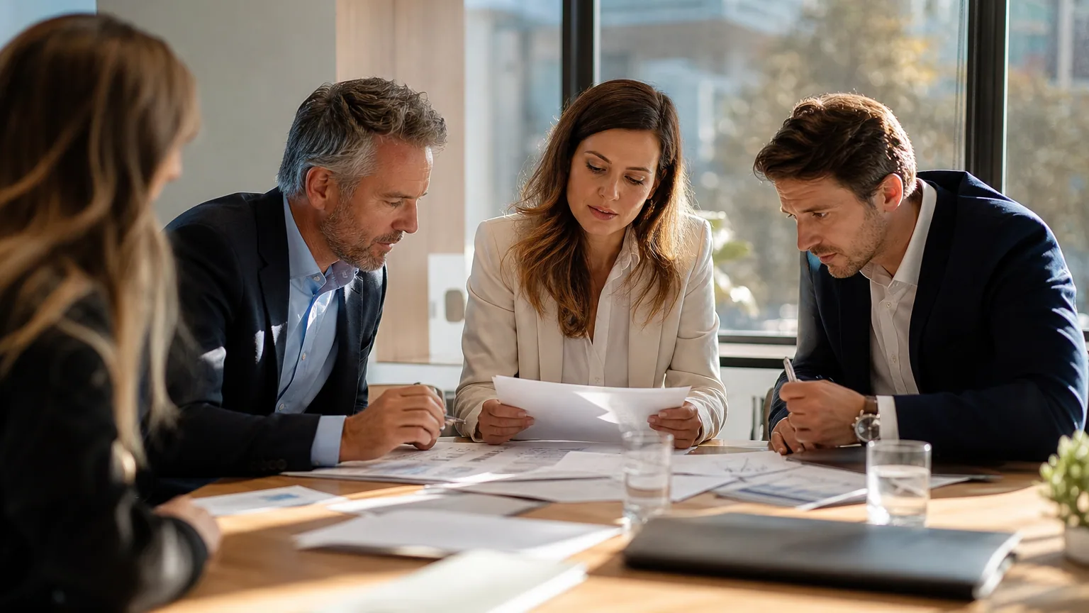 Équipe d'experts examinant des documents financiers lors d'un audit d'acquisition d'entreprise