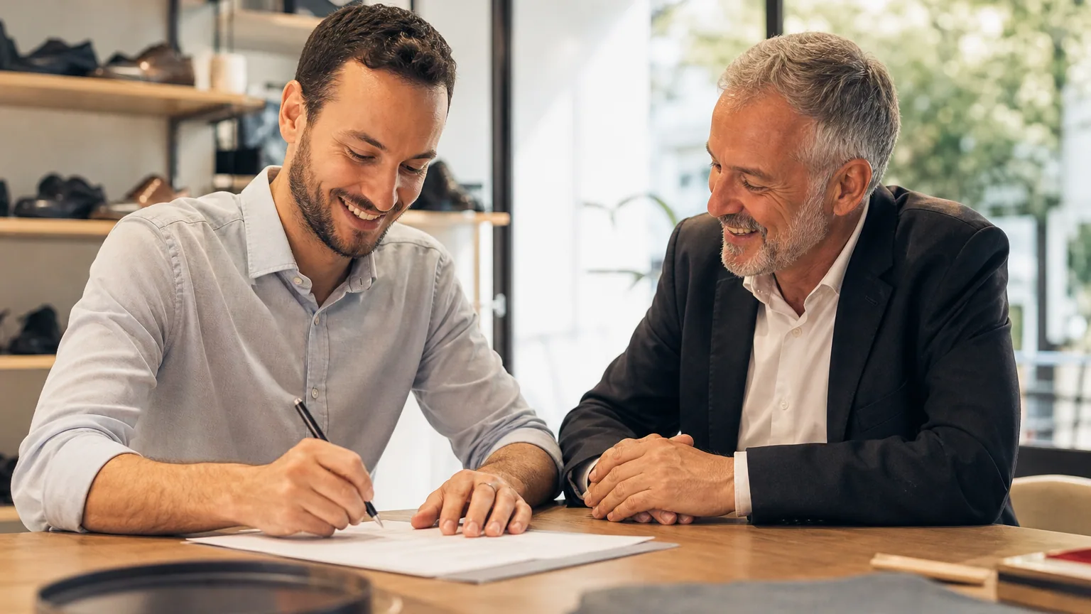 Commerçant et son bailleur discutant du renouvellement d'un bail commercial dans une boutique