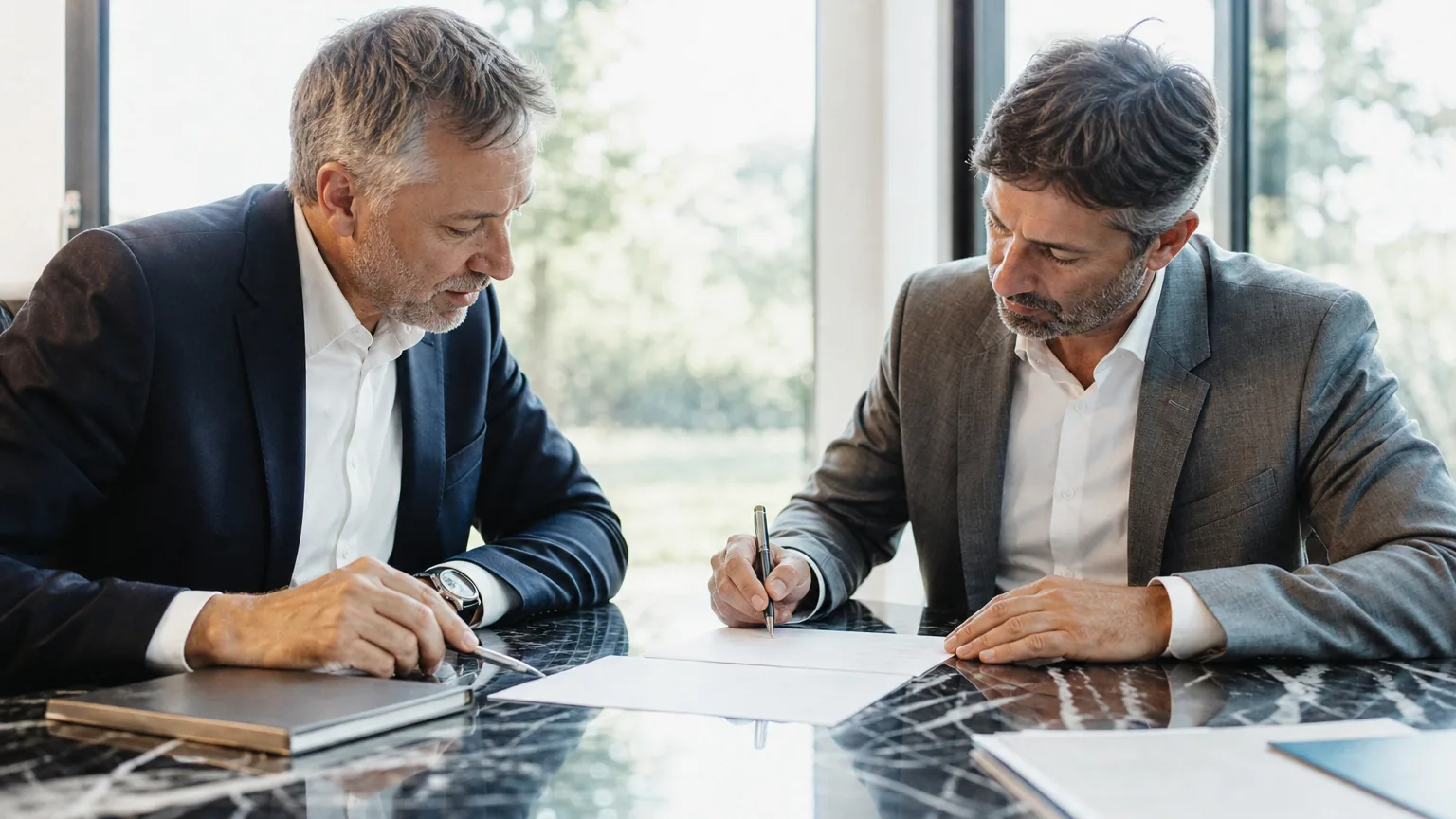 Deux dirigeants relisant une clause contractuelle avant de signer un contrat commercial