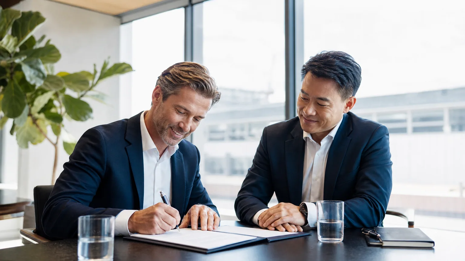 Deux dirigeants d'entreprise négociant une clause de non-sollicitation lors de la signature d'un contrat commercial
