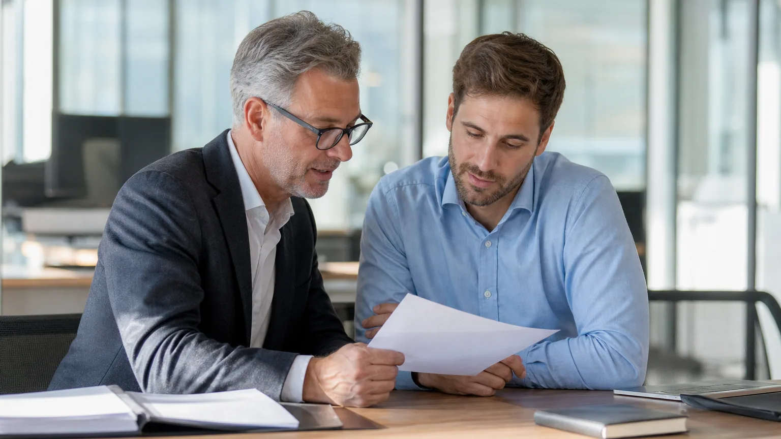 Salarié consultant son compte épargne temps avec son employeur dans un bureau