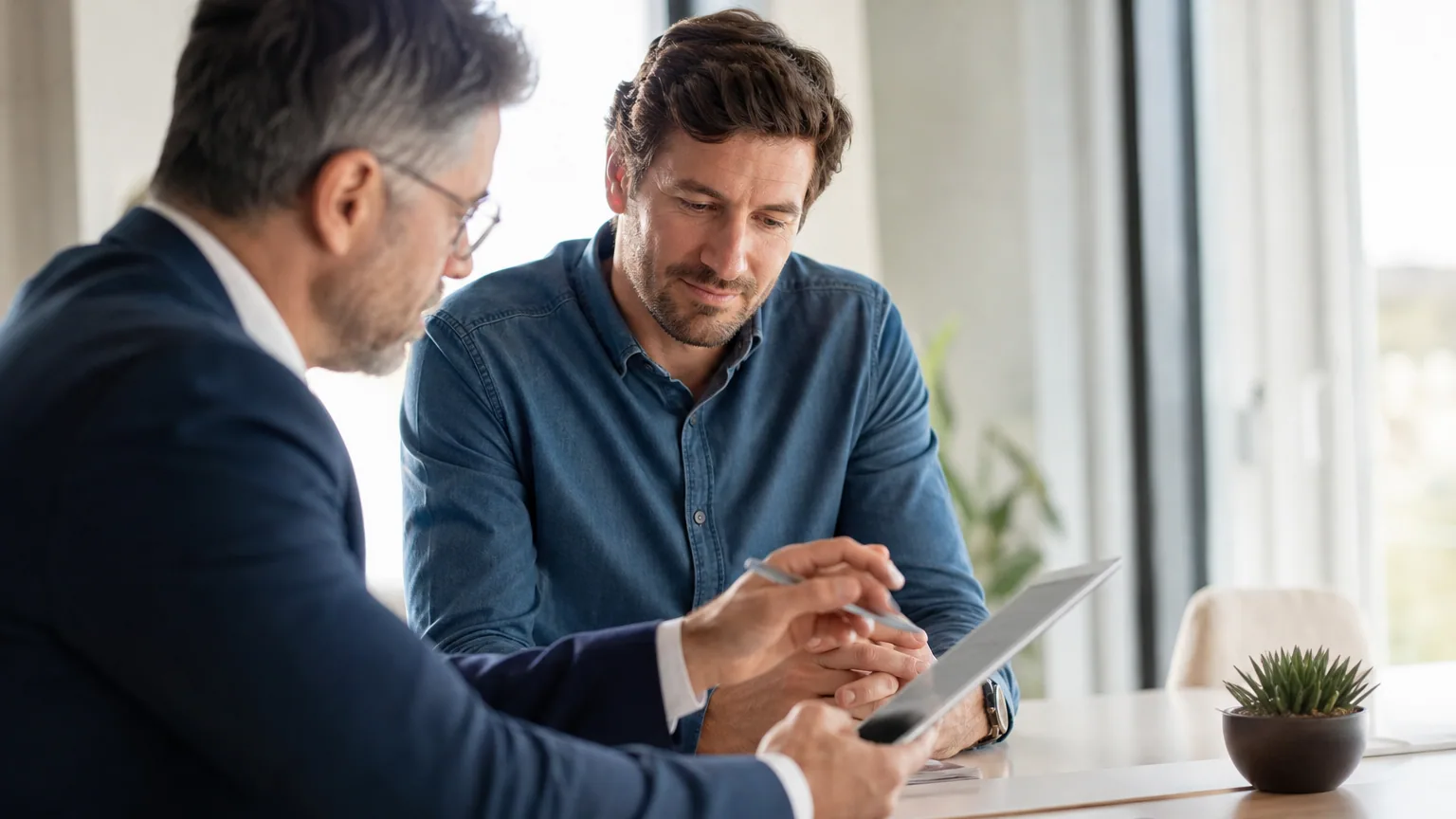 Travailleur indépendant consultant les projections de son contrat Madelin avec son conseiller financier