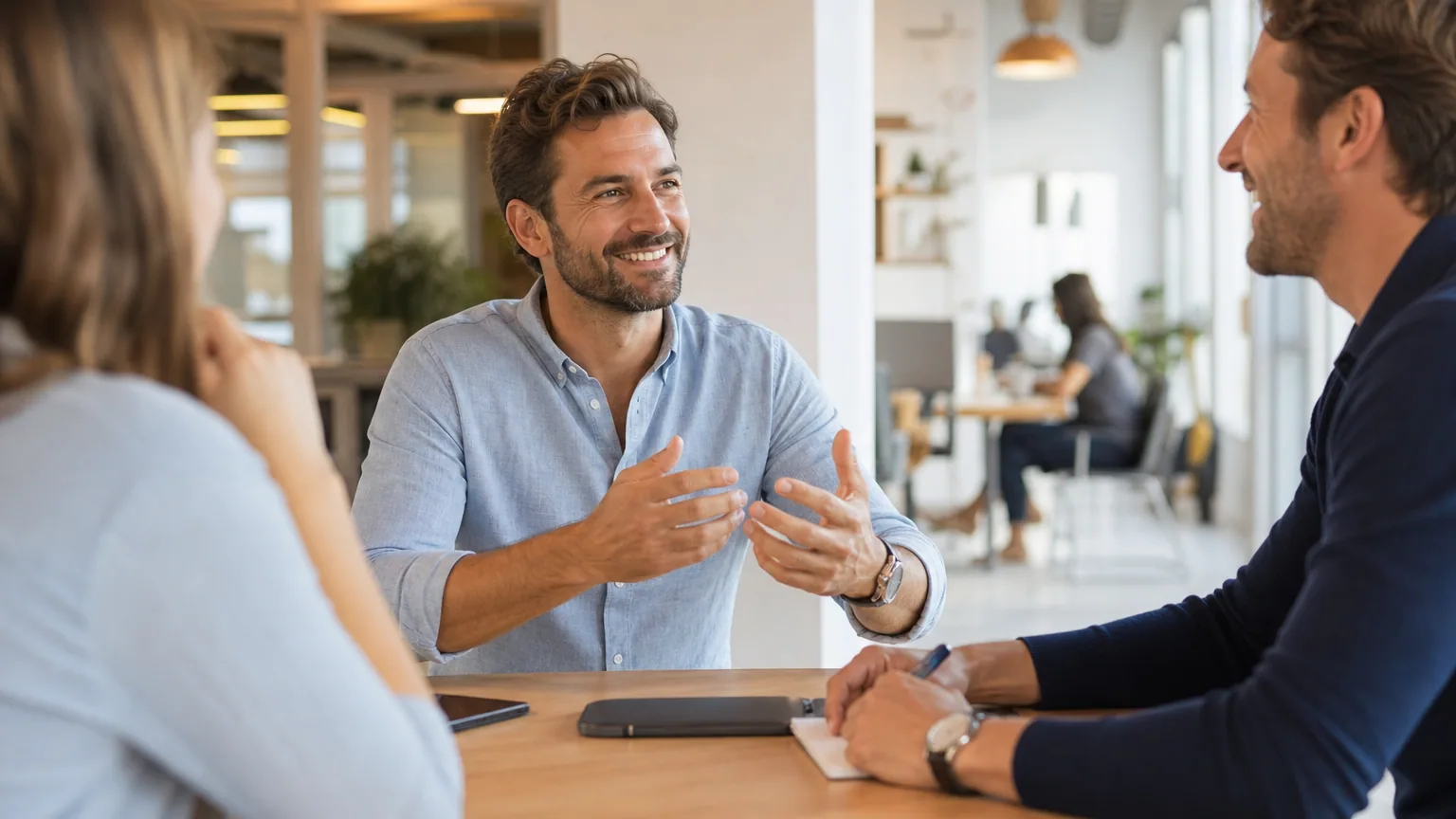 Entrepreneur salarié échangeant avec d'autres membres d'une coopérative d'activité et d'emploi dans un espace partagé