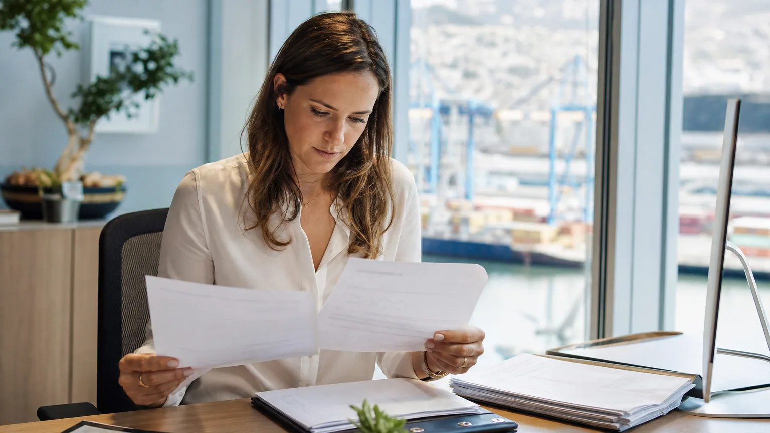 Responsable export d'une PME vérifiant des documents commerciaux liés à un crédit documentaire