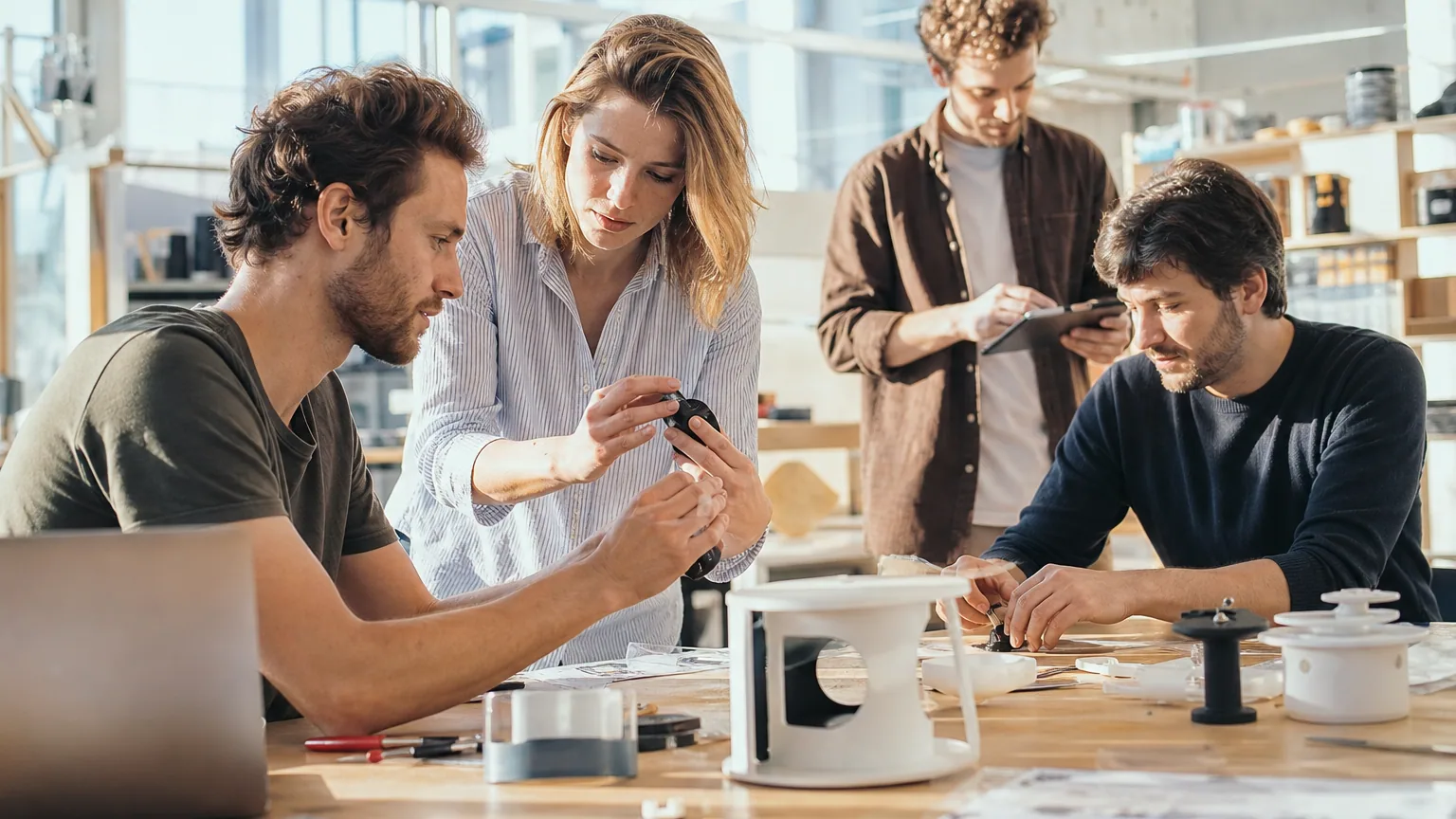 Équipe de PME travaillant sur un prototype de nouveau produit dans un atelier d'innovation