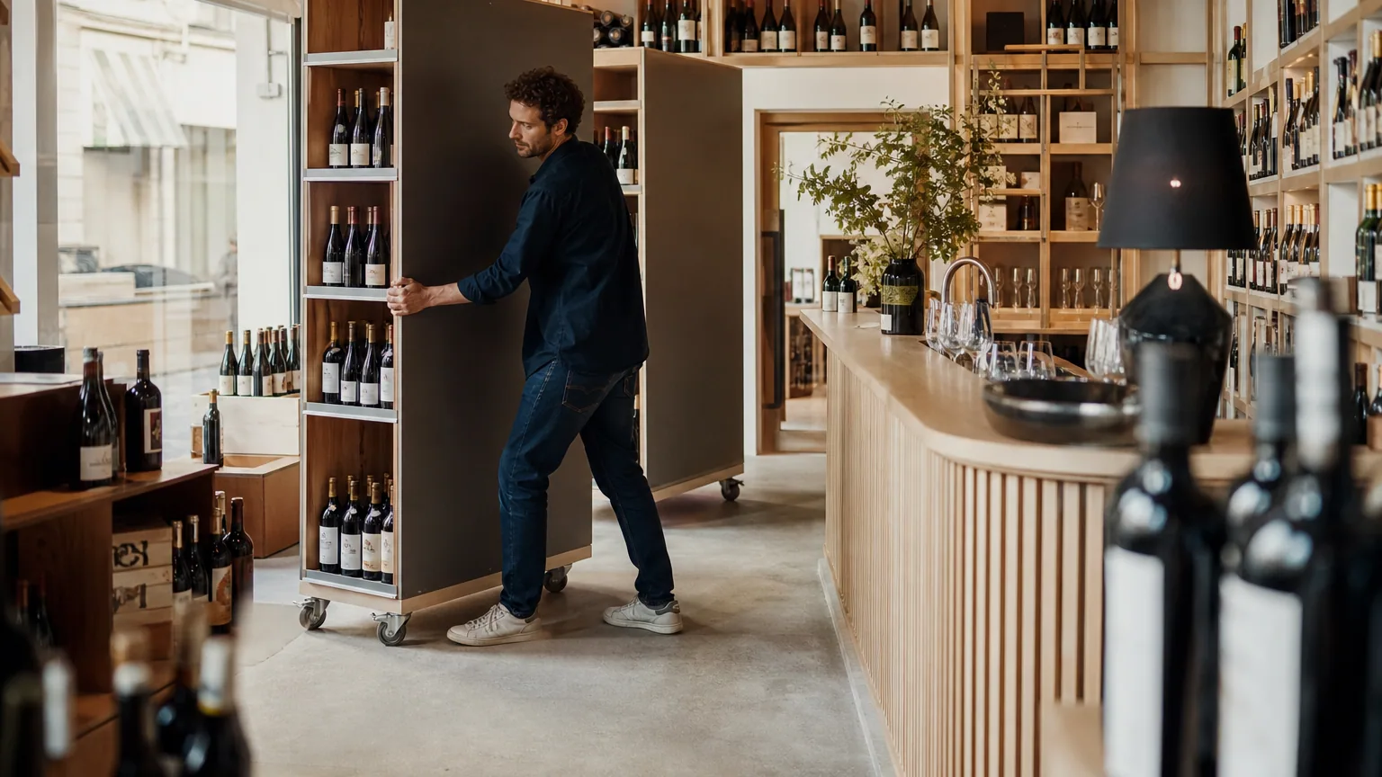 Commerçant réaménageant sa boutique pour y proposer une nouvelle activité