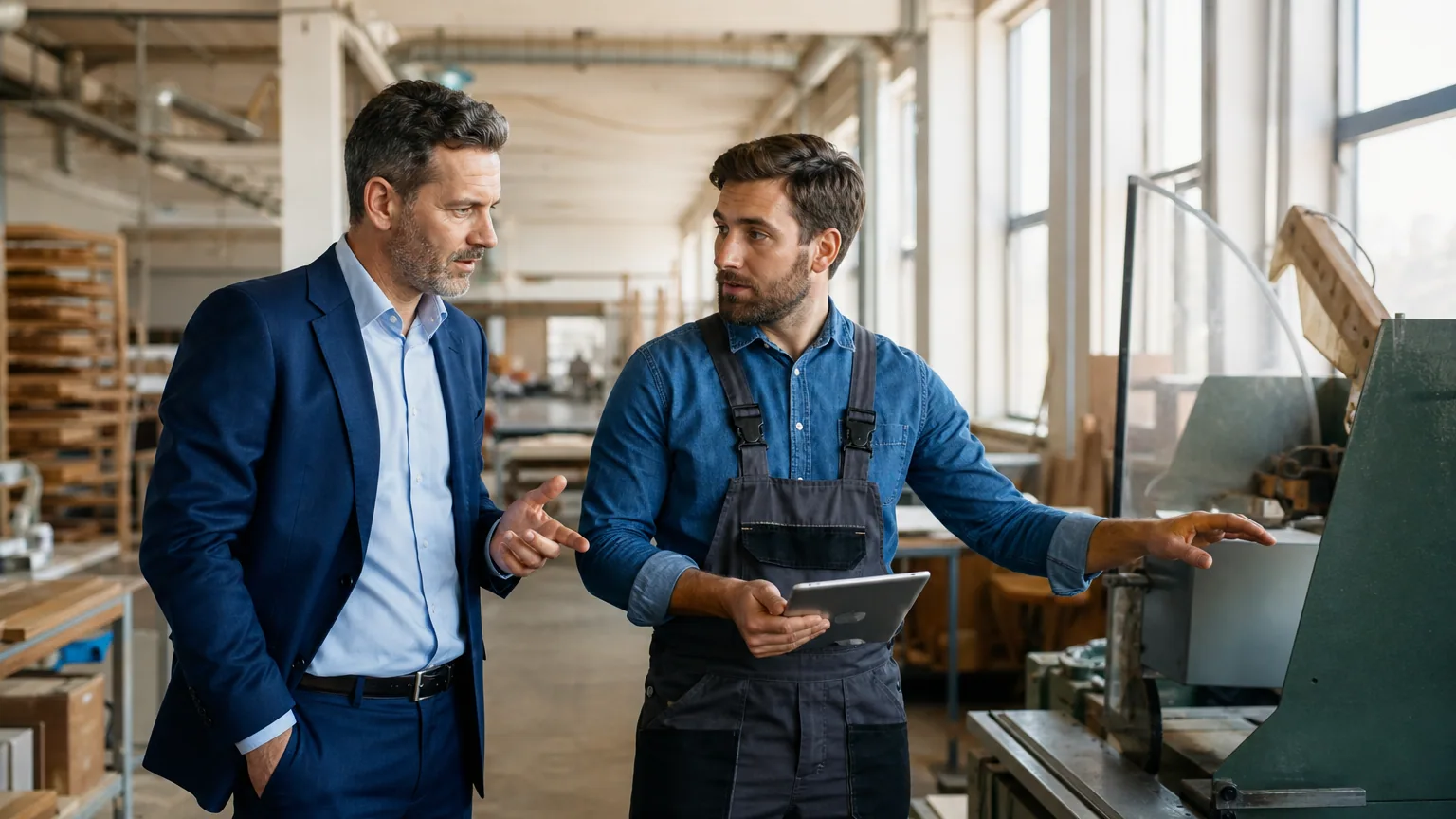Employeur et salarié réalisant ensemble l'évaluation des risques professionnels pour le document unique