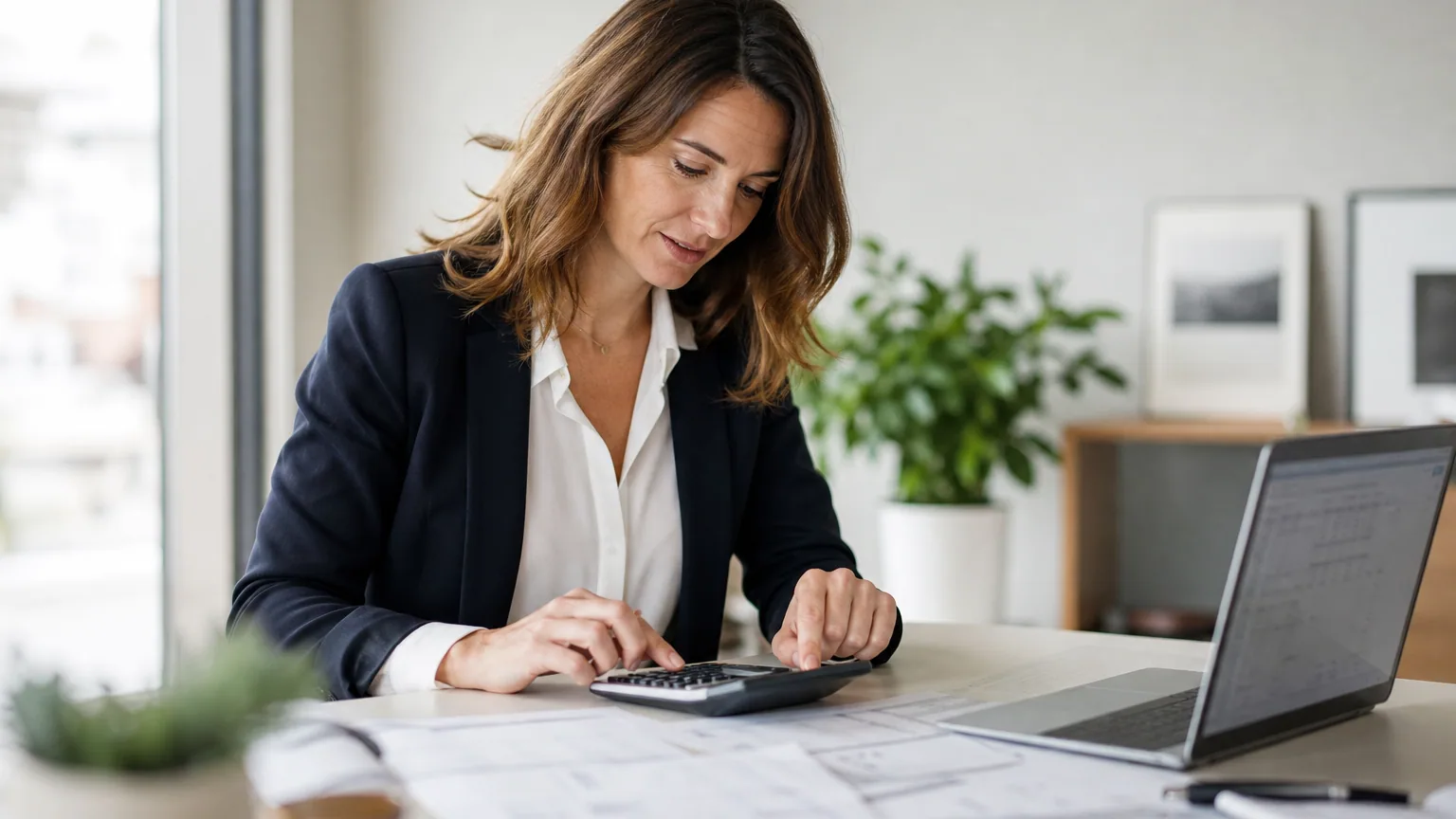 Gérante de PME calculant sur ordinateur le coût d'un escompte pour paiement anticipé