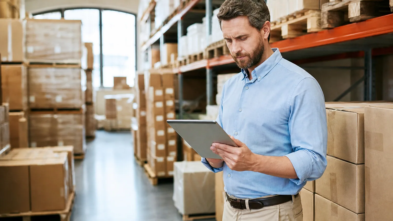 Responsable logistique inventoriant un stock de marchandises donné en garantie d'un financement bancaire