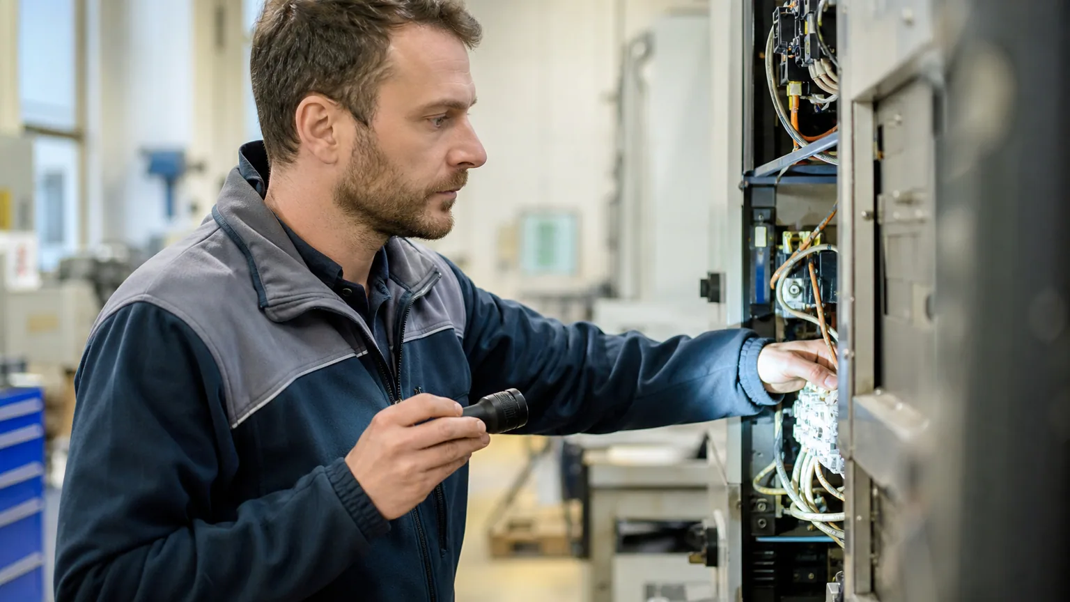 Chef d'atelier inspectant une machine professionnelle défectueuse récemment achetée