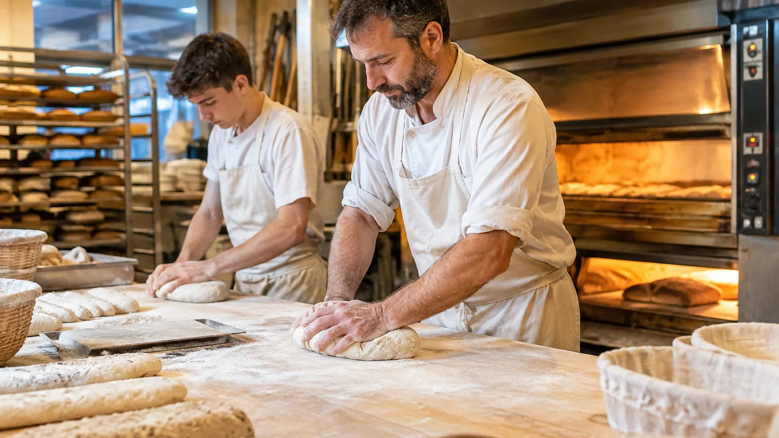 Artisan boulanger travaillant tard le soir dans son fournil avec un employé