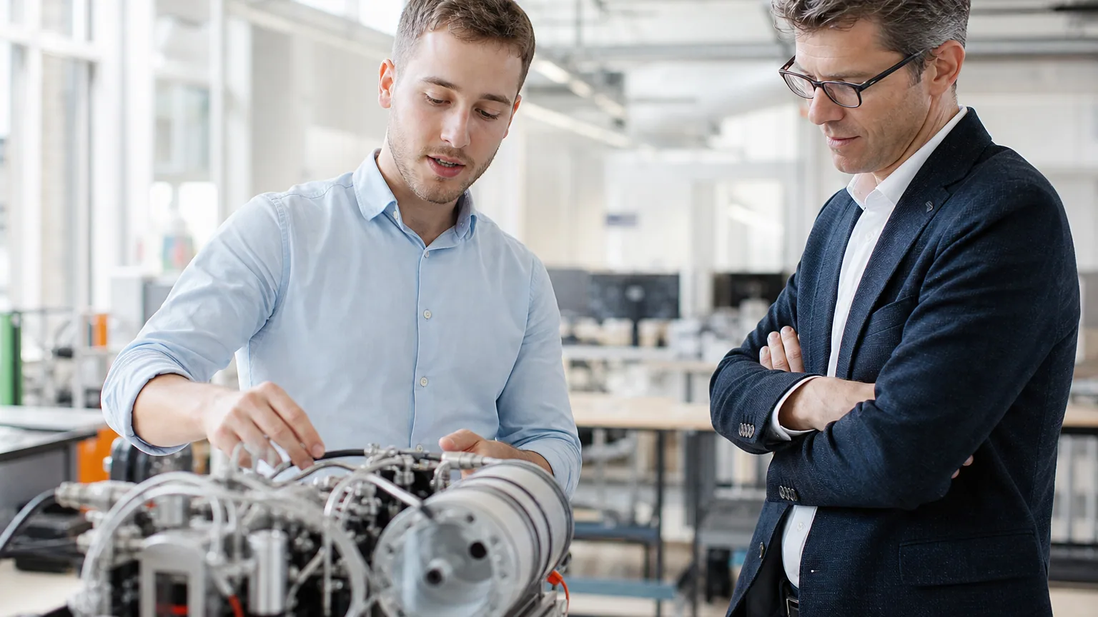 Ingénieur salarié présentant une invention technique à son employeur dans un atelier de recherche