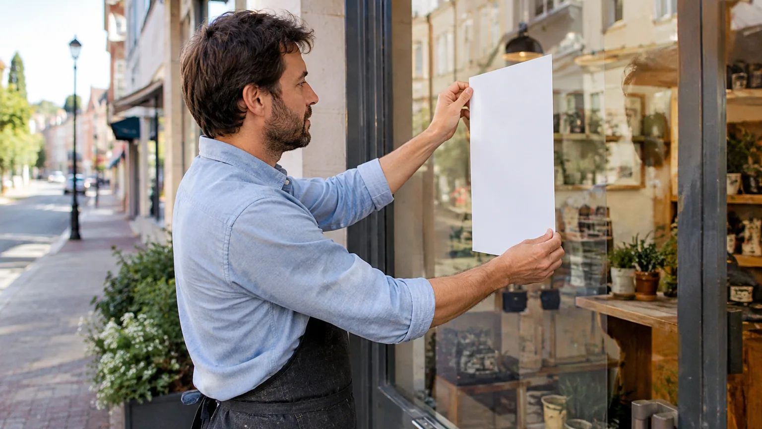 Commerçant fixant une affichette sur la vitrine de sa boutique avant un jour férié