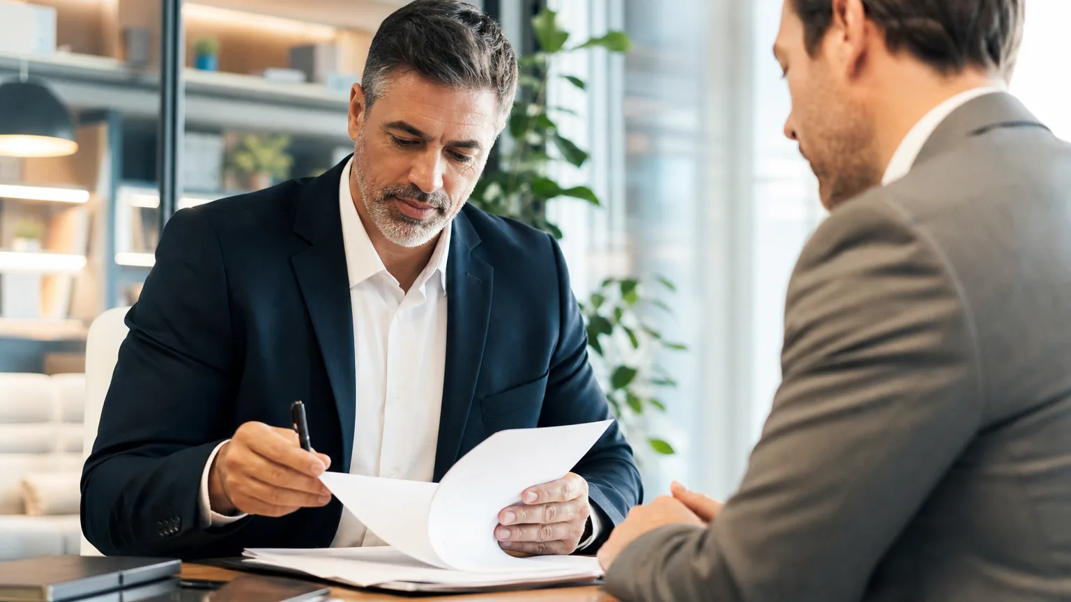 Dirigeant vérifiant les documents d'un sous-traitant avant la signature d'un contrat de prestation