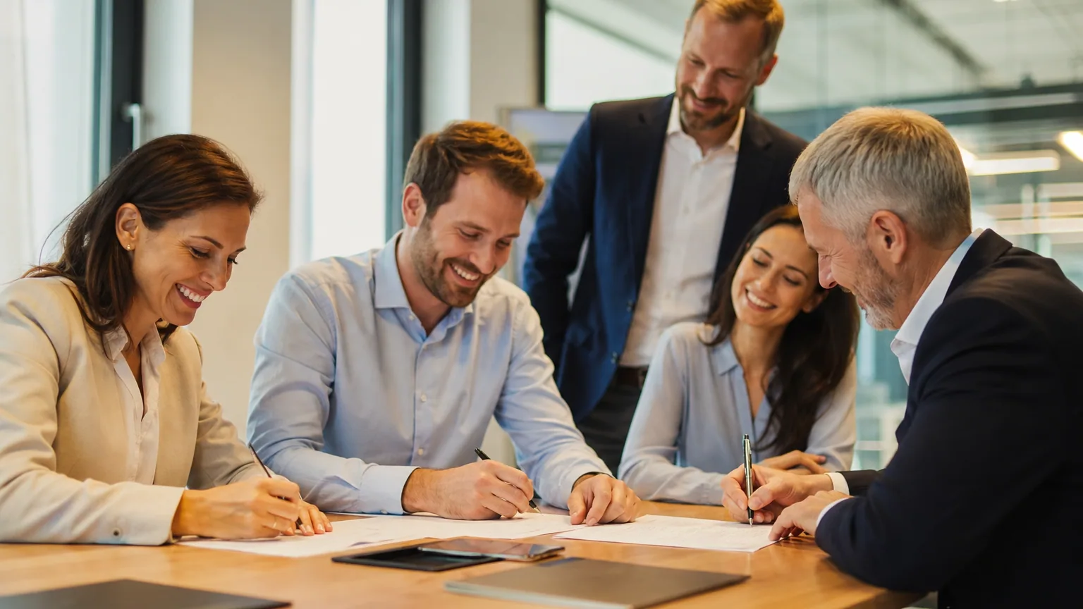Groupe de salariés signant les documents de rachat de leur entreprise avec leur dirigeant sortant