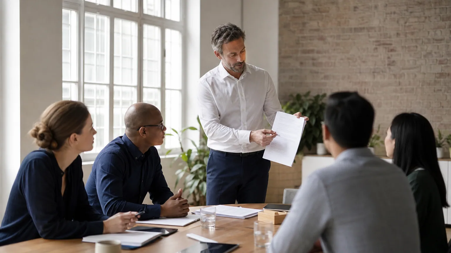 Employeur présentant le règlement intérieur de l'entreprise à ses salariés réunis