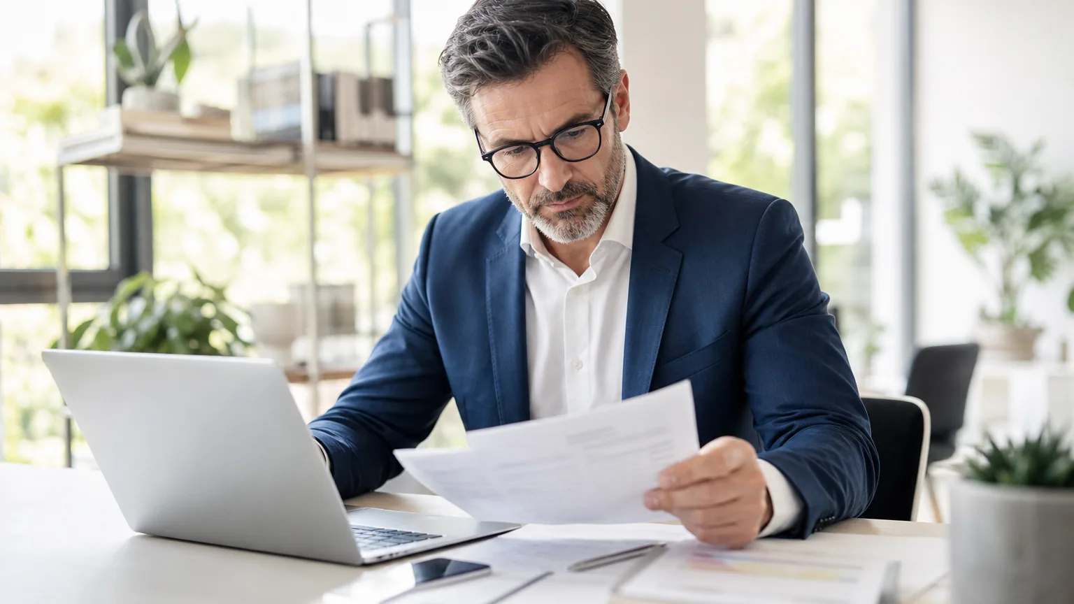 Chef d'entreprise vérifiant le calcul de la taxe d'apprentissage sur ses bulletins de paie