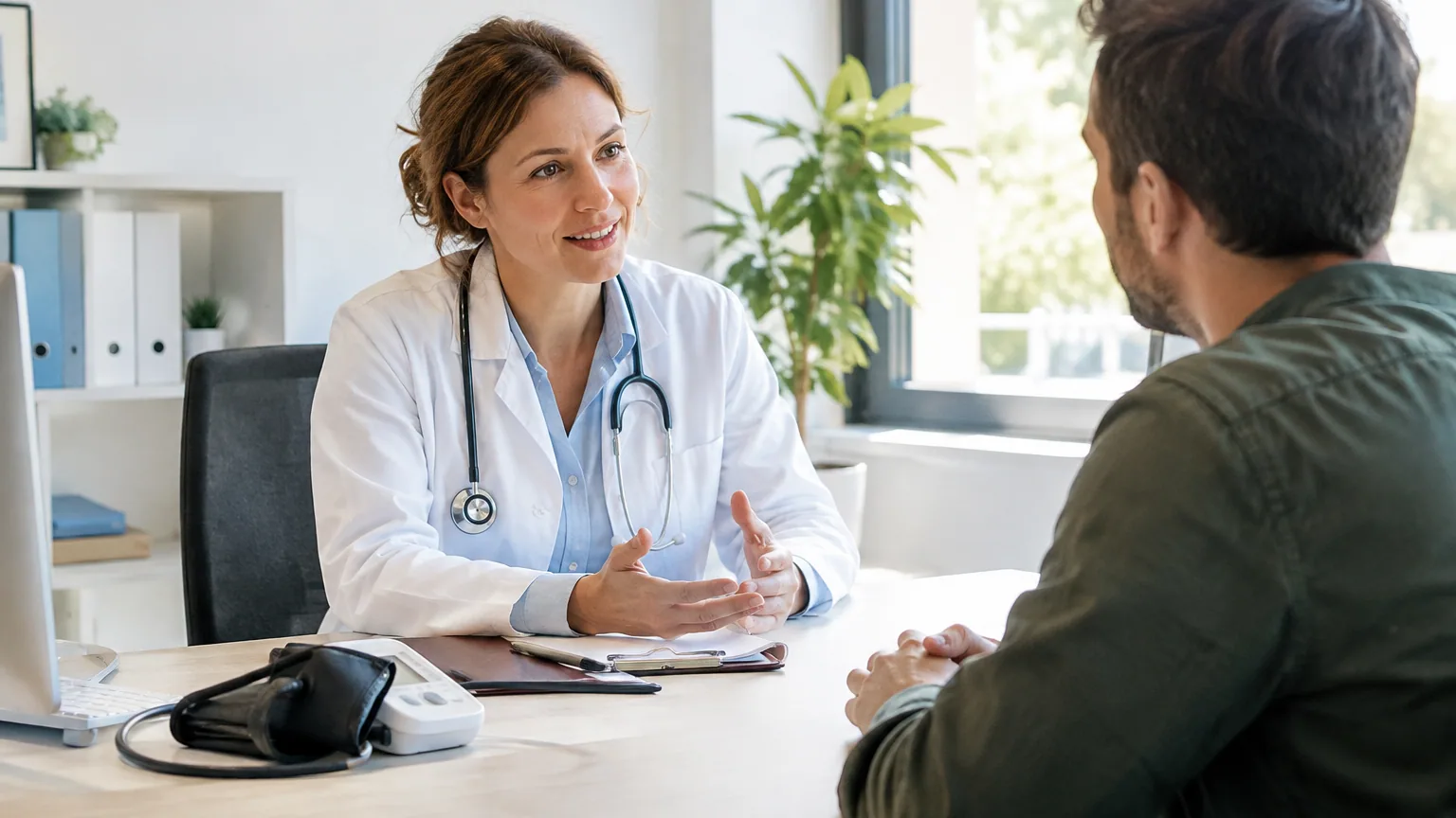 Médecin du travail recevant un salarié en consultation dans un cabinet de service de santé au travail