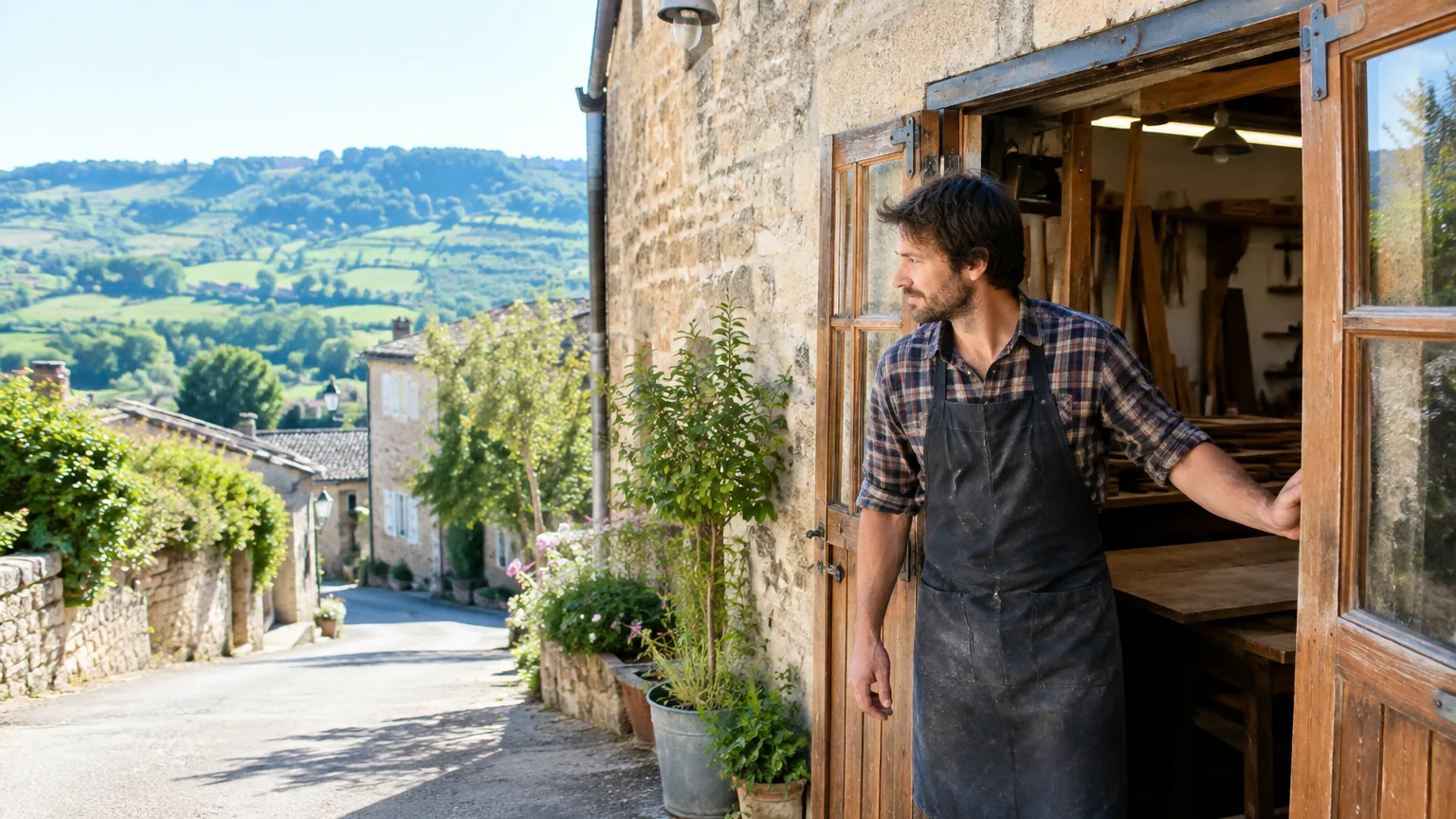 Artisan ouvrant son atelier dans un bourg rural, façade en pierre et rue de village